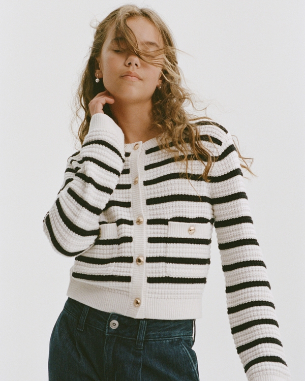 collarless sweater jacket, Cream Stripe