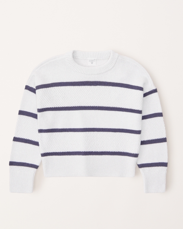 shine pattern stitch crewneck sweater, White And Navy Stripe