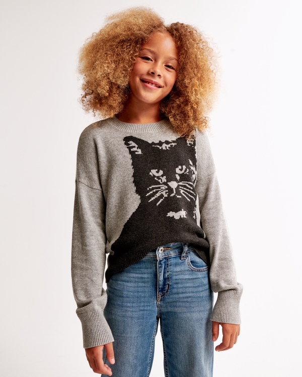 cat graphic crew sweater, Gray