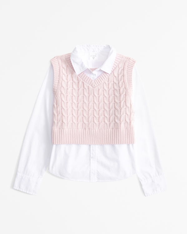 long-sleeve twofer sweater vest, Light Pink