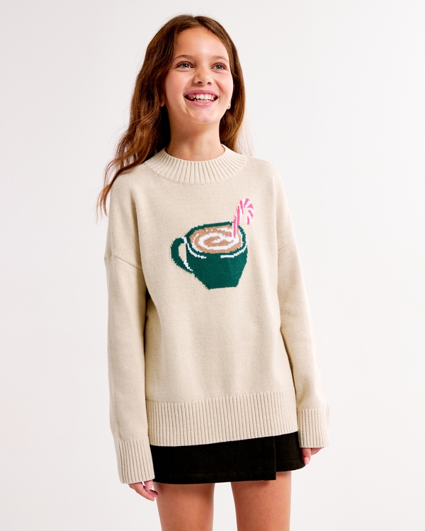 oversized graphic mockneck sweater, Cream Pattern view 1
