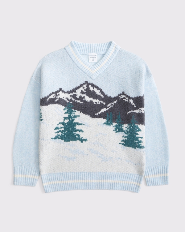 oversized ski graphic v-neck sweater, Light Blue Mountain view 2