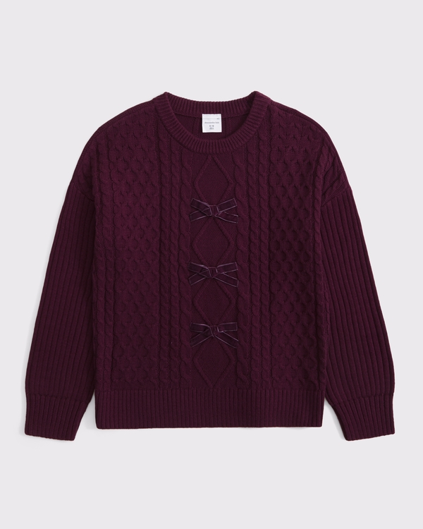 oversized bow cable-knit crew sweater, Dark Red view 1