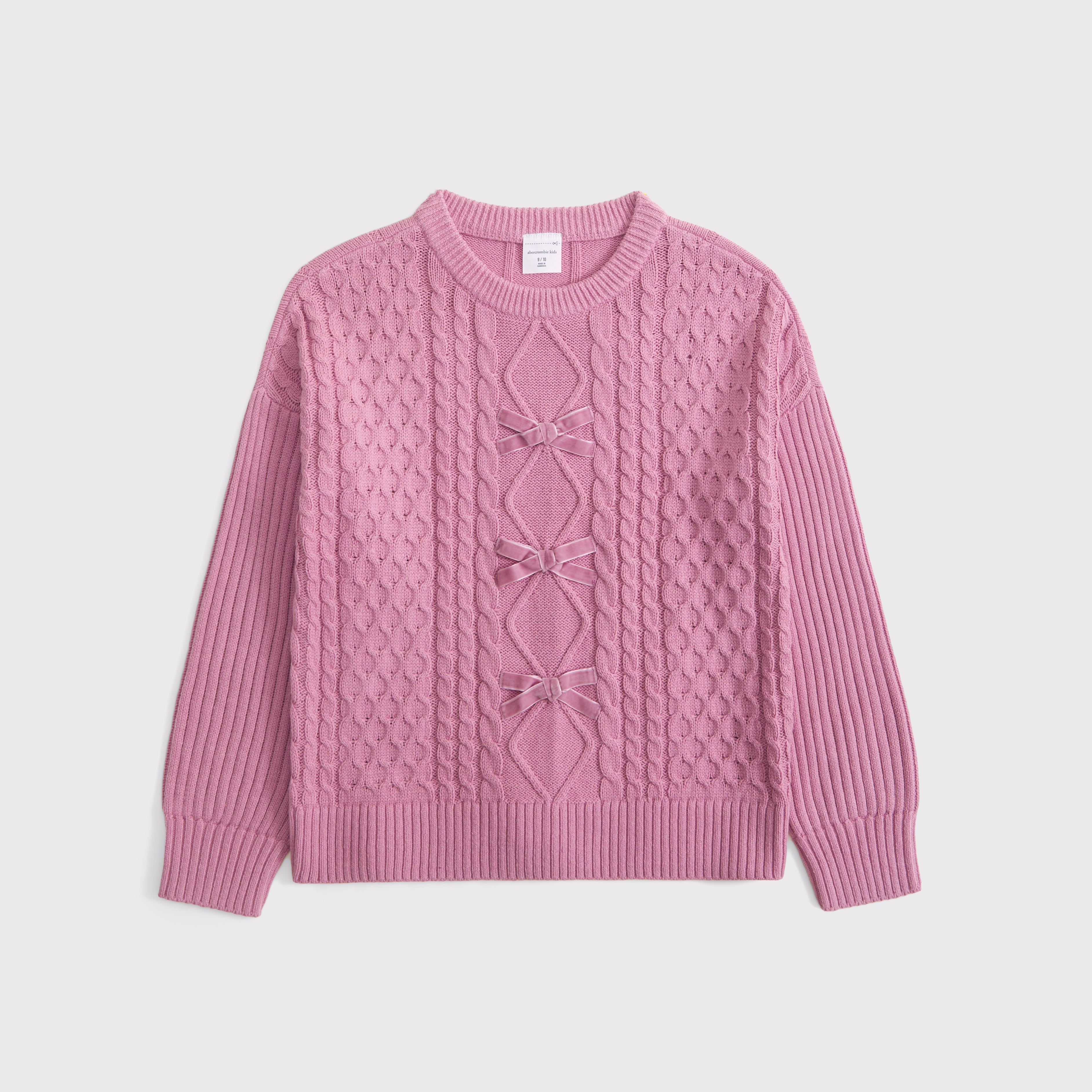 Abercrombie & Fitch Kids' Oversized Bow Cable-knit Crew Sweater In Pink