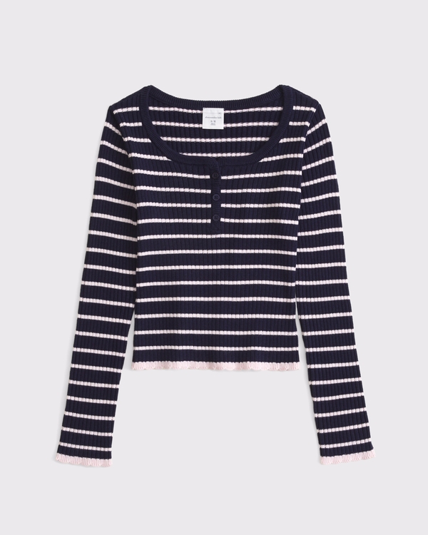 long-sleeve slim henley sweater, Navy Stripe view 1
