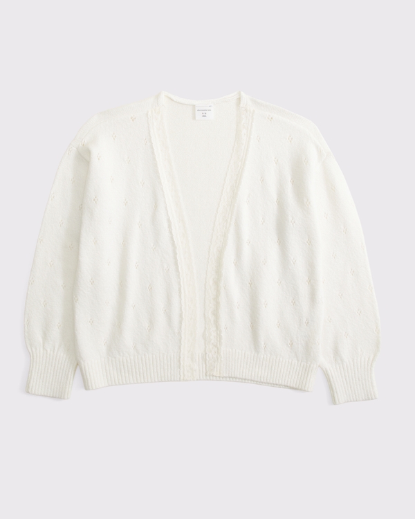 lace-trim pointelle open-front cardigan, Off-white view 1
