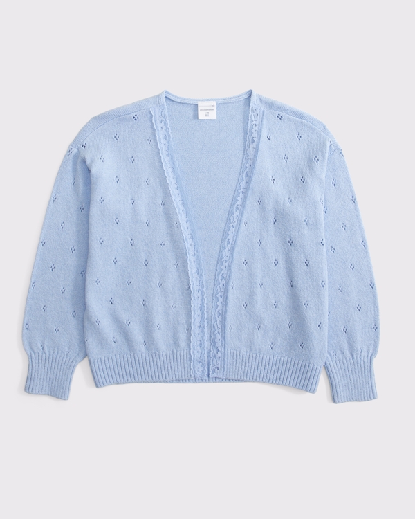 lace-trim pointelle open-front cardigan, Powder Blue view 1