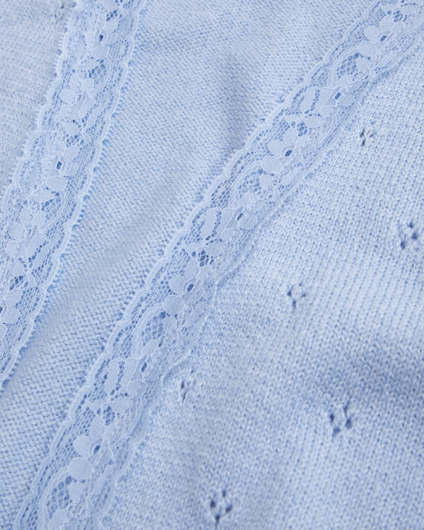 lace-trim pointelle open-front cardigan, Powder Blue view 2
