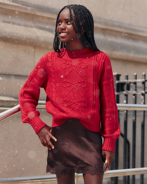 bow cable roll neck sweater, Maroon view 1