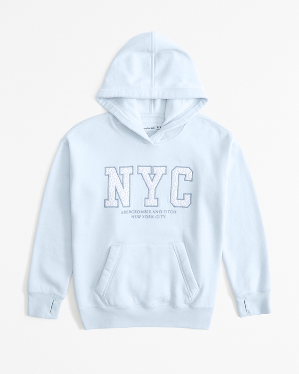oversized embroidered logo popover hoodie, Light Blue
