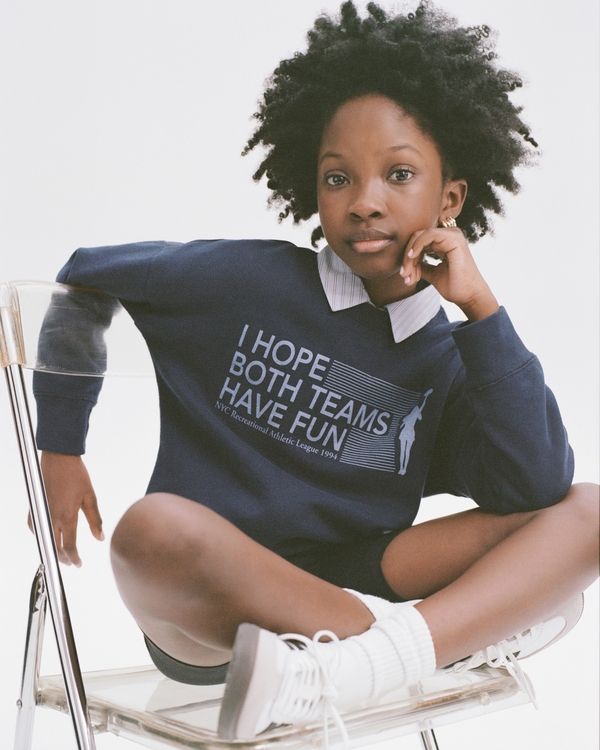legging-friendly sporty graphic crew sweatshirt, Deep Blue view 1