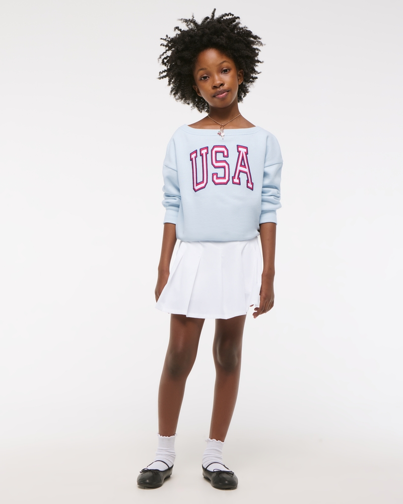 off-the-shoulder graphic crew sweatshirt