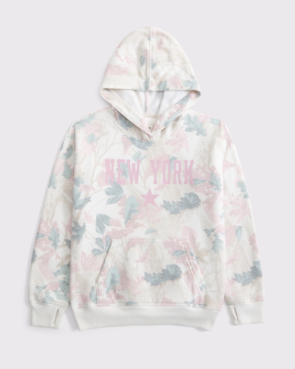 legging-friendly graphic logo popover hoodie, Pink Camo view 1