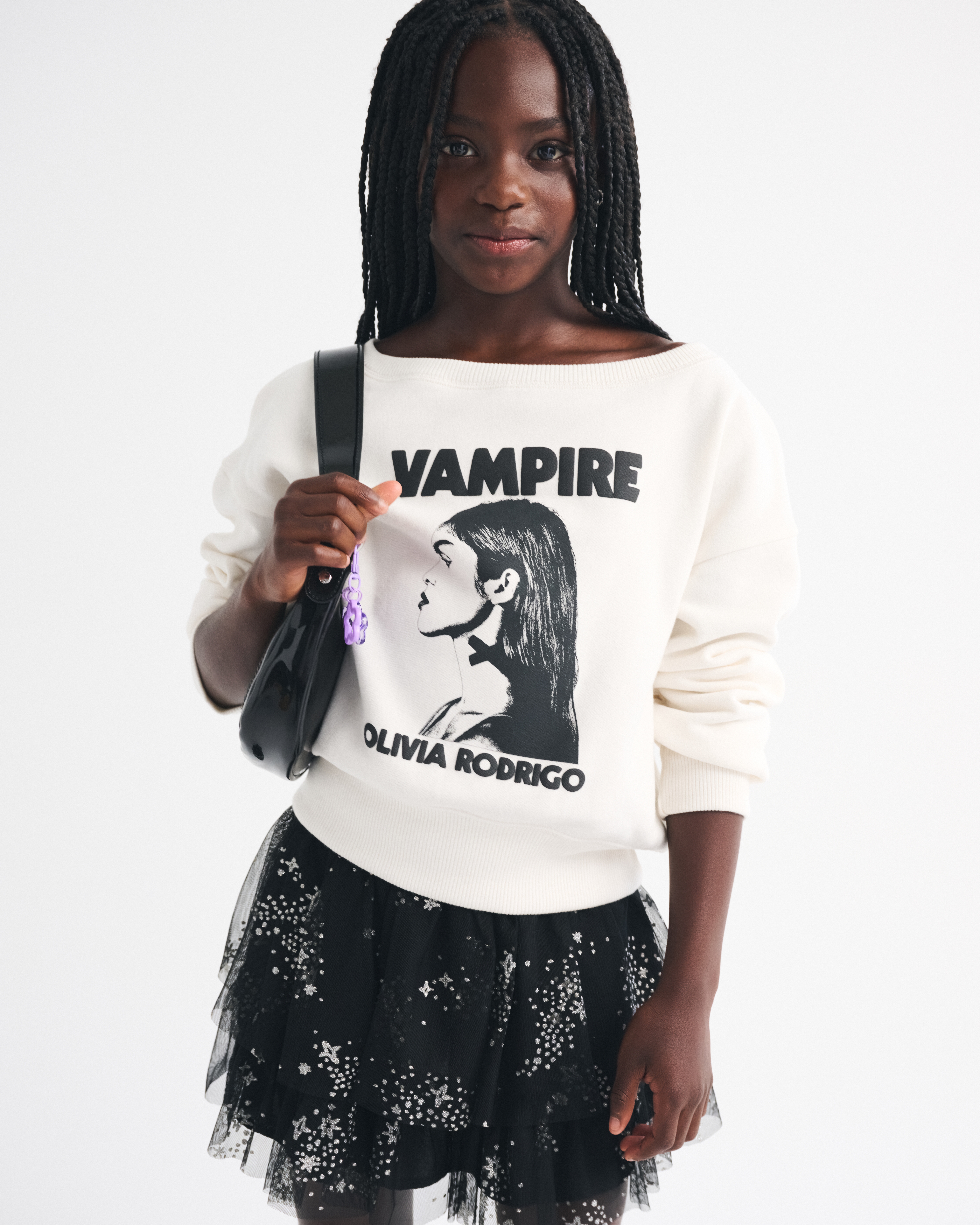 Abercrombie & Fitch Kids' Olivia Rodrigo Off-the-shoulder Graphic Crew Sweatshirt In White