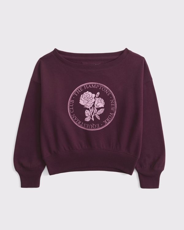off-the-shoulder graphic crew sweatshirt, Deep Plum view 1