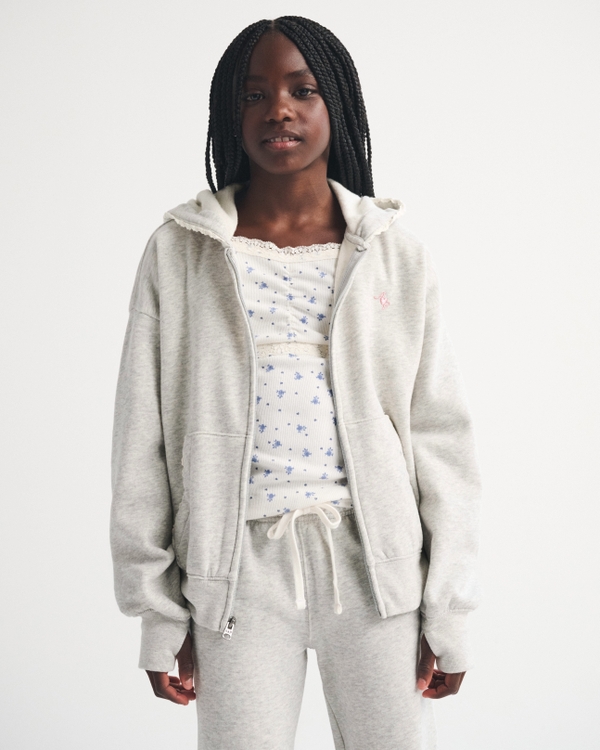essential lace-trim full-zip hoodie, Light Gray view 1
