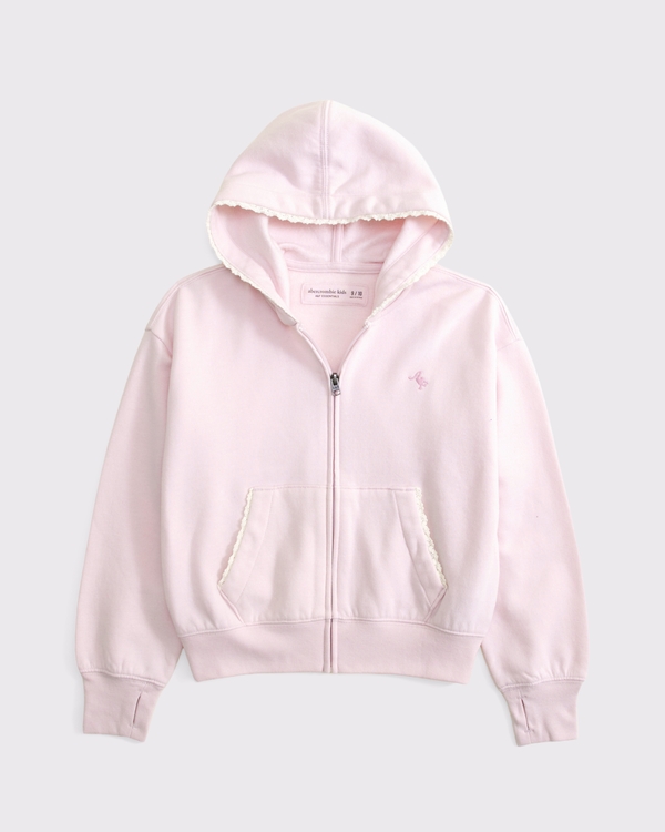essential lace-trim full-zip hoodie, Pale Pink view 1