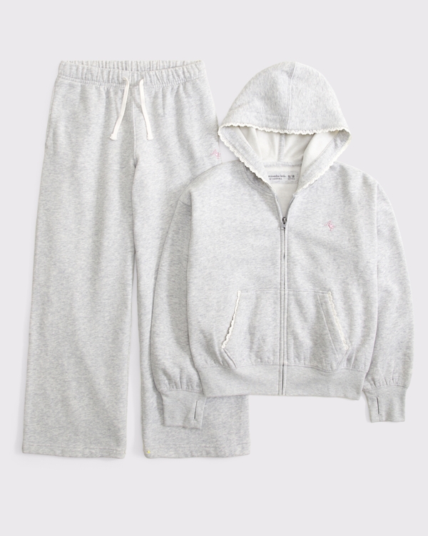 essential lace-trim full-zip hoodie and sweatpants set, Light Gray Heather view 1