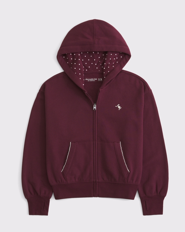 essential lace-trim full-zip hoodie, Maroon view 2