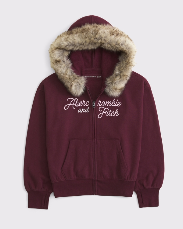 faux fur-trim logo full-zip hoodie