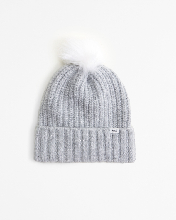cable-knit pom beanie, Gray view 1
