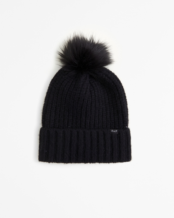cable-knit pom beanie, Black view 1