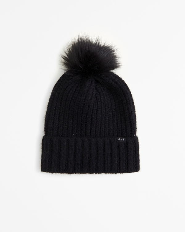 cable-knit pom beanie, Black