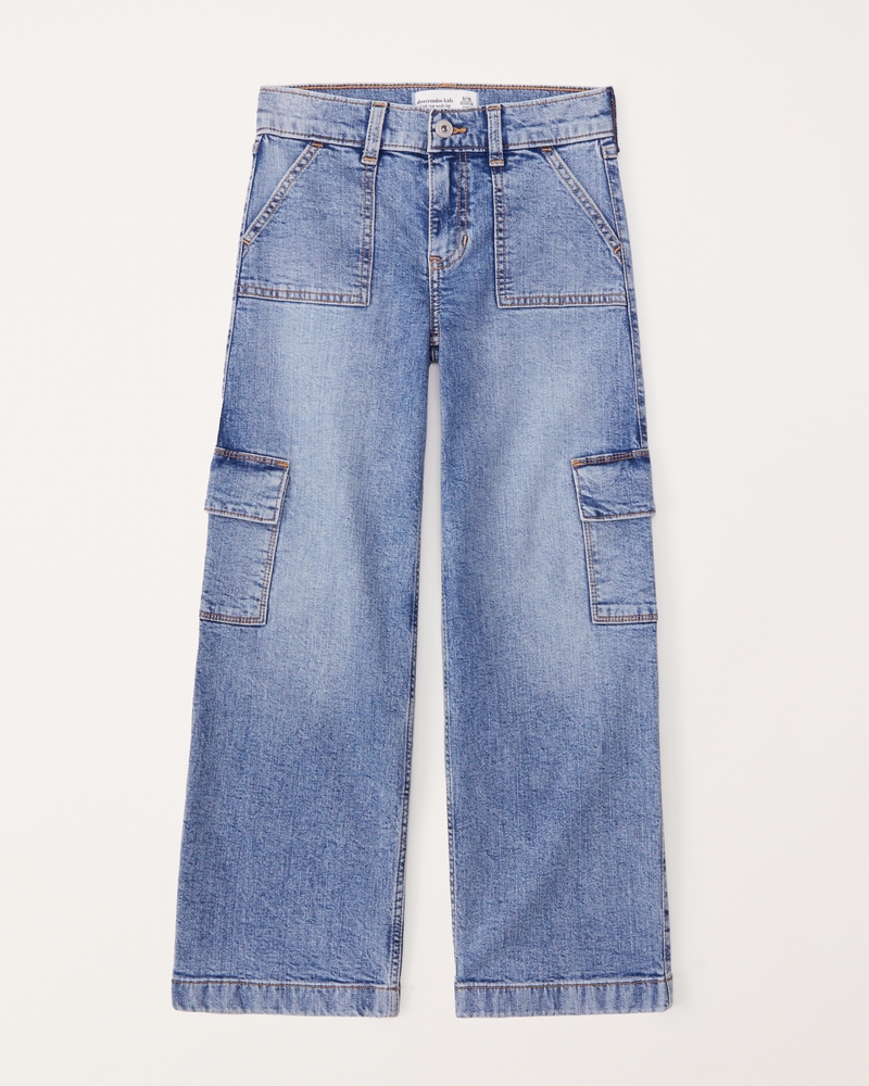 Mid Blue Wash Cargo Pocket Detail Wide Leg Jeans