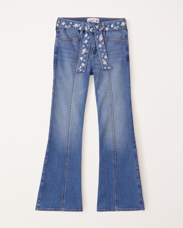 high rise belted flare jeans