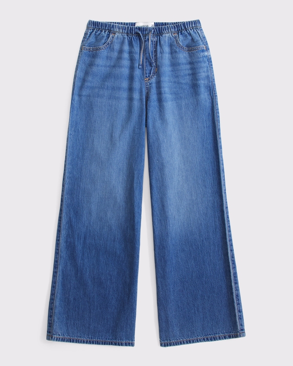 high rise ultra wide leg pull-on jeans, Medium Wash view 1