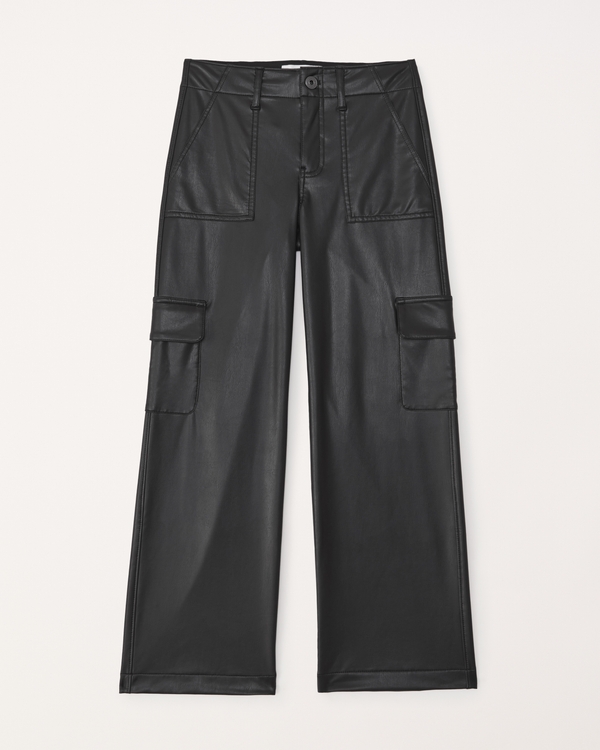 faux leather wide leg cargo pants, Black