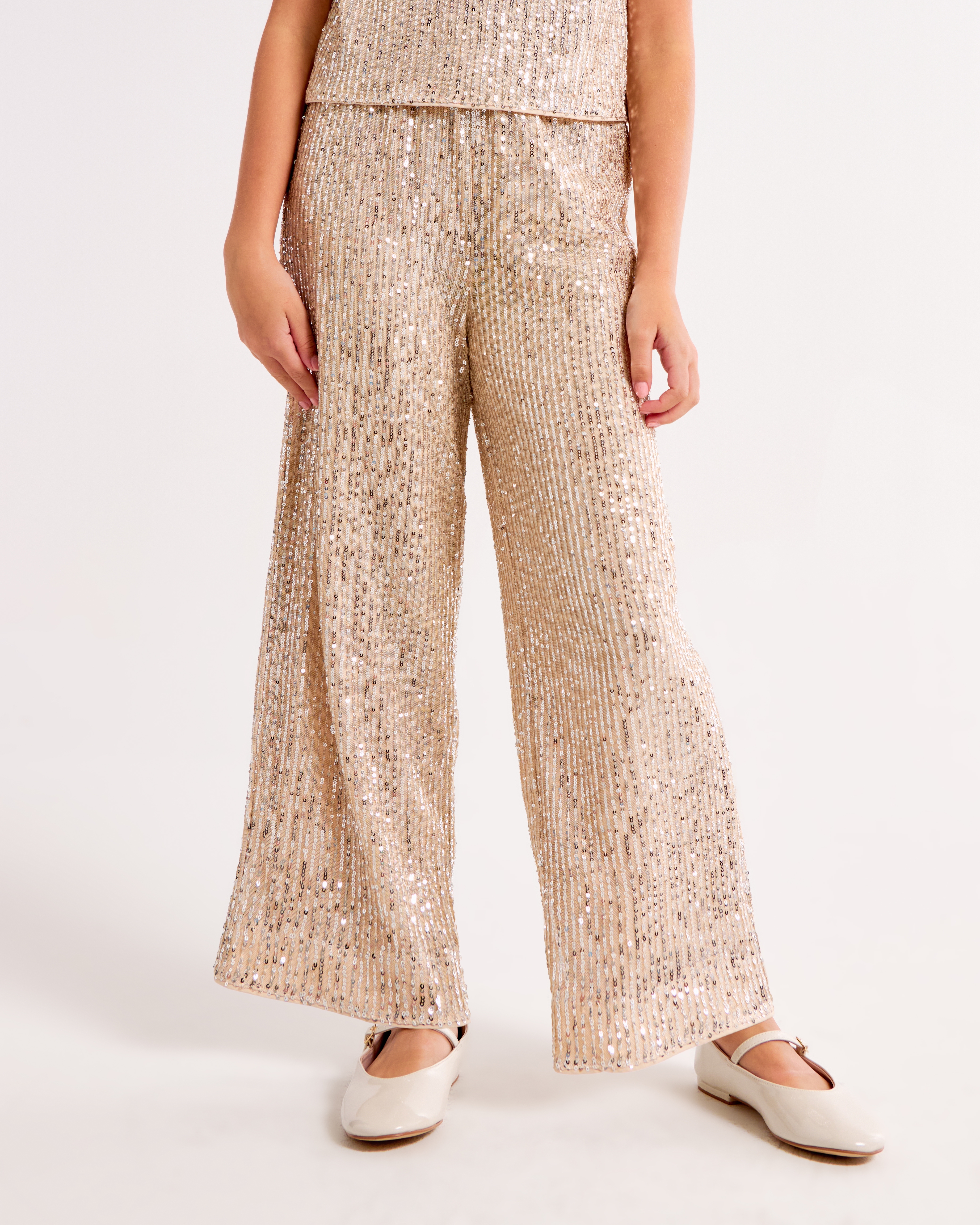 Abercrombie & Fitch Sequin Ultra Wide Leg Pants In Gold