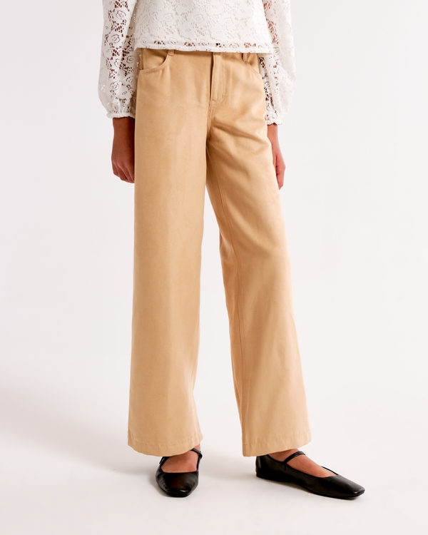 faux suede ultra wide leg pants, Light Brown