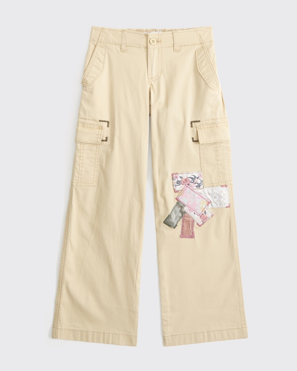 low rise baggy patchwork cargo pants, Khaki view 2
