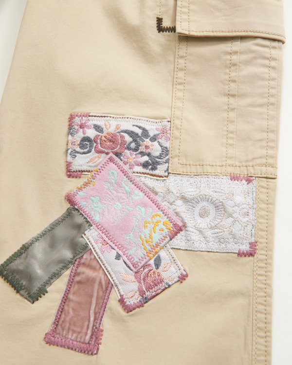 low rise baggy patchwork cargo pants, Khaki view 2