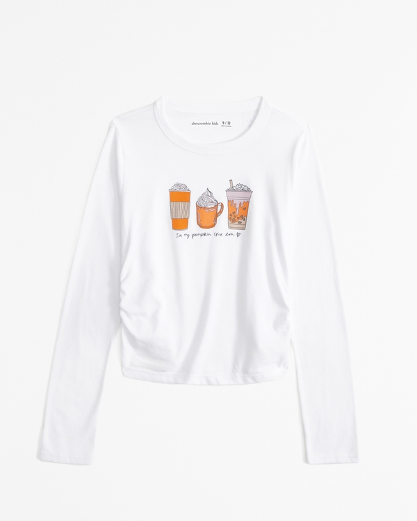 long-sleeve side ruched snack graphic tee, White