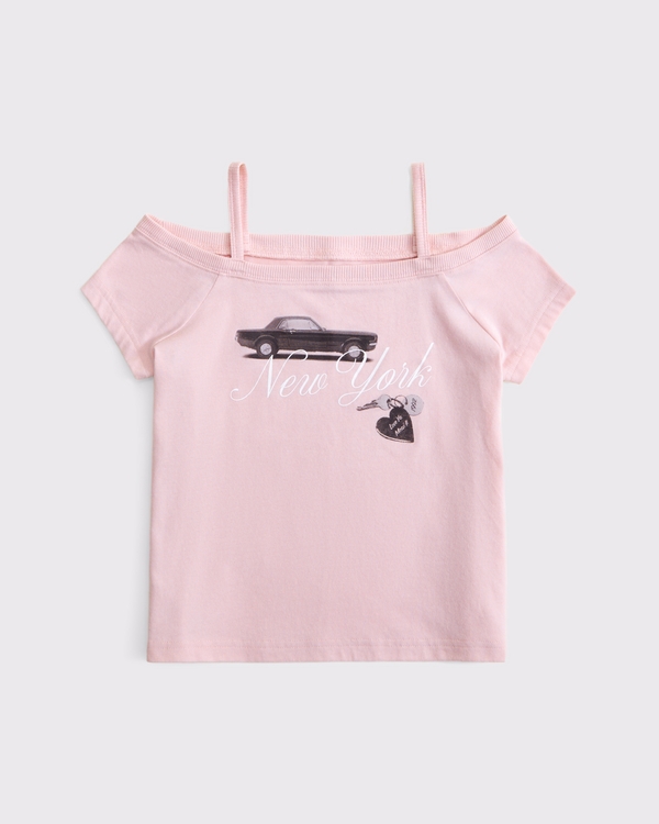 Schulterfreies Tee mit Grafik, Ballett-pink view 1
