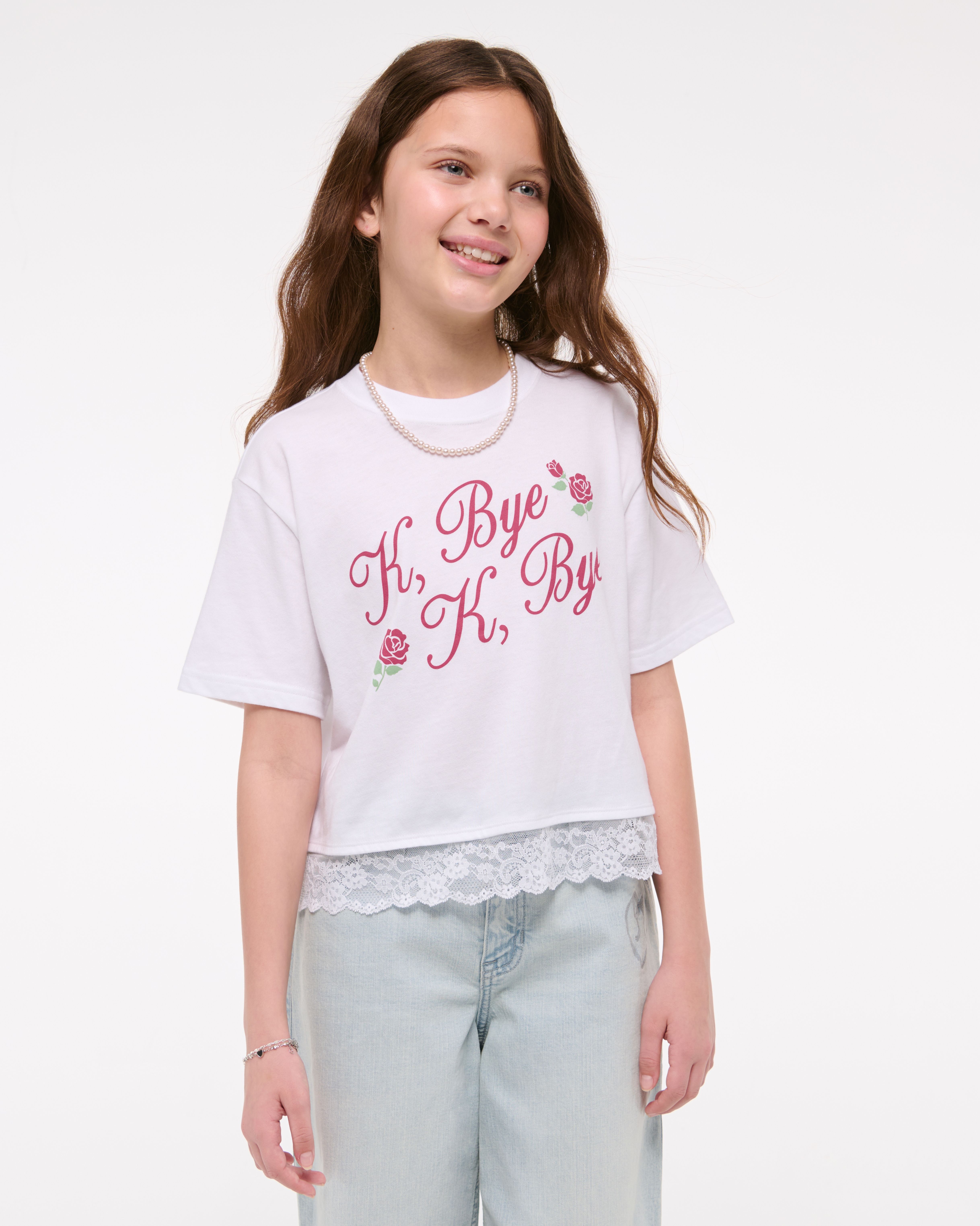 girls lace-trim cropped graphic tee | girls clearance