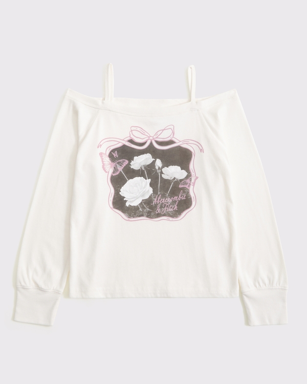 long-sleeve off-the-shoulder graphic tee, Cream view 1