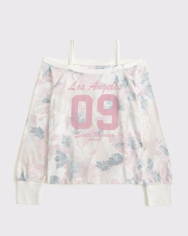 long-sleeve off-the-shoulder graphic tee, Pink Camo view 1