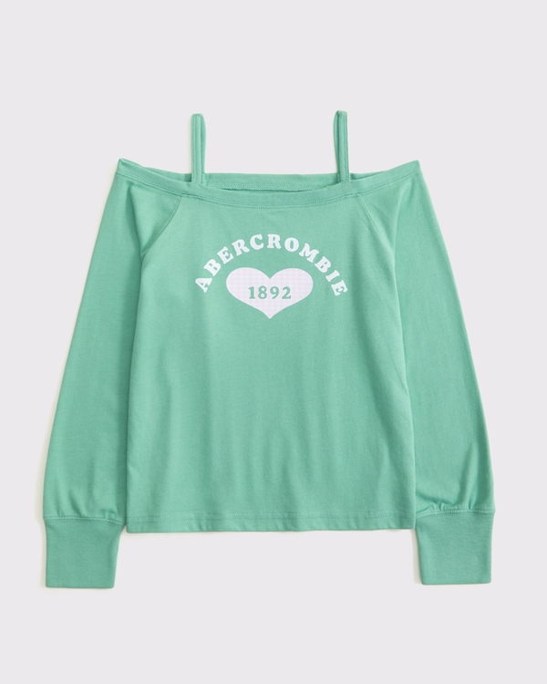 long-sleeve off-the-shoulder graphic tee, Sea Green view 1