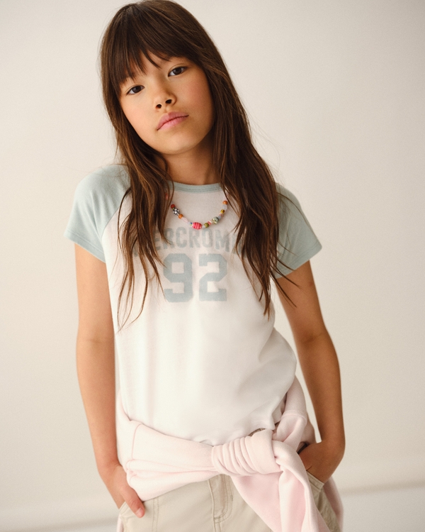 short-sleeve logo graphic baseball tee, White And Teal view 1