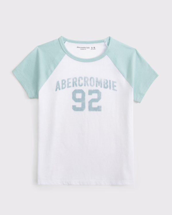 short-sleeve logo graphic baseball tee, White And Teal view 1