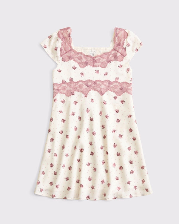 lace-trim satin mini dress, Cream Floral view 1