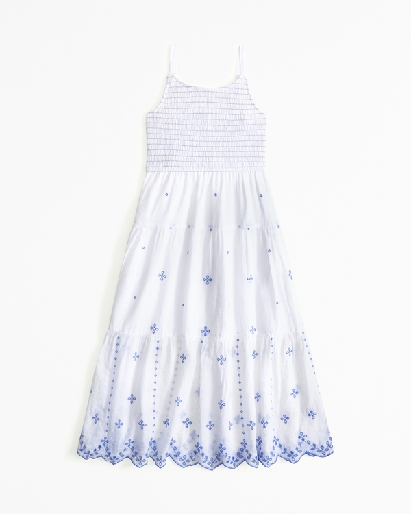 smocked embroidered maxi dress, White And Blue Pattern