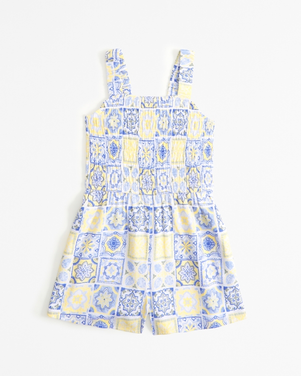 linen-blend smocked romper, Yellow And Blue Pattern