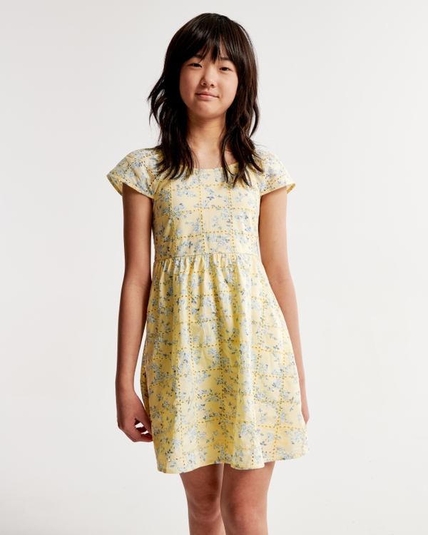 flutter sleeve embroidered mini dress, Yellow Floral