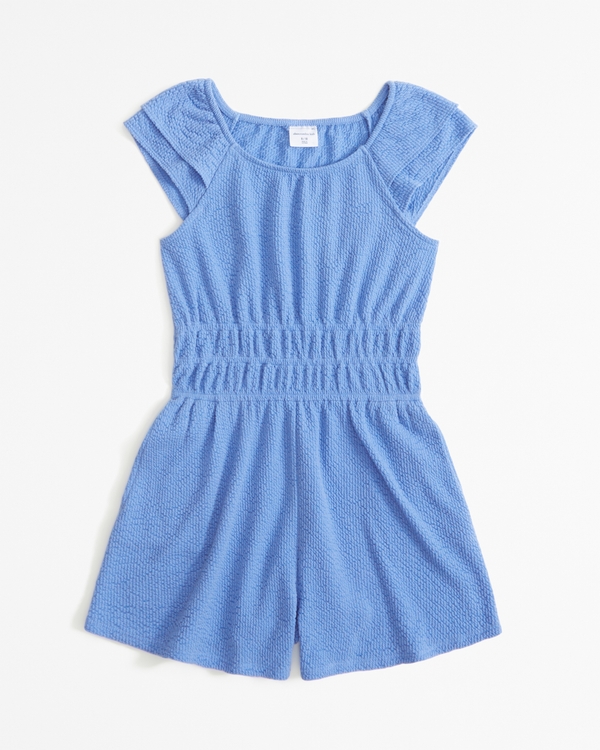 short-sleeve textured knit romper, Blue