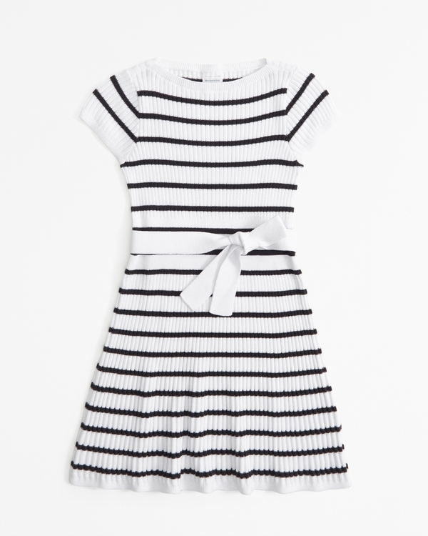 short-sleeve ribbed belted sweater dress, Black And White Stripe