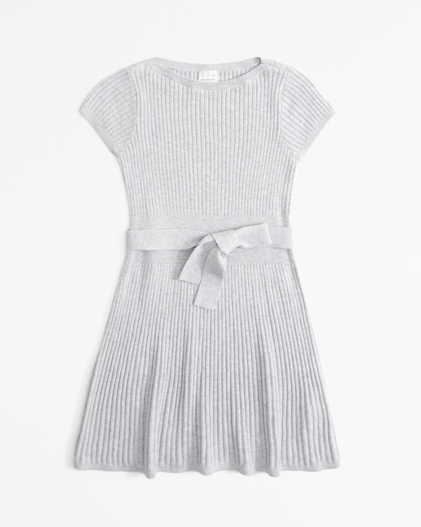 short-sleeve ribbed belted sweater dress, Grey